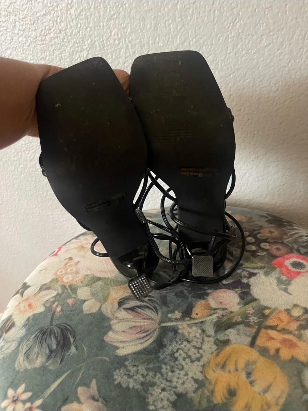 Black Lace-Up Square-Toe High Heel Sandals